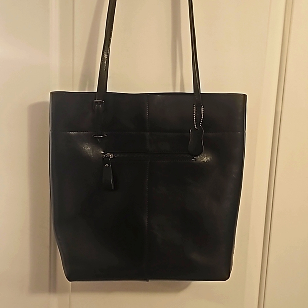 New Yaluxe Designer Black Large Leather Tote, Front Zip Pocket, Top Zip Closure
